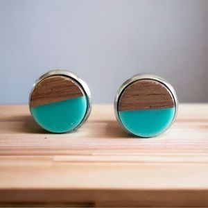 10mm Wood & Teal Resin Stud Earrings Western Boho Earrings Cute Unisex Jewelry